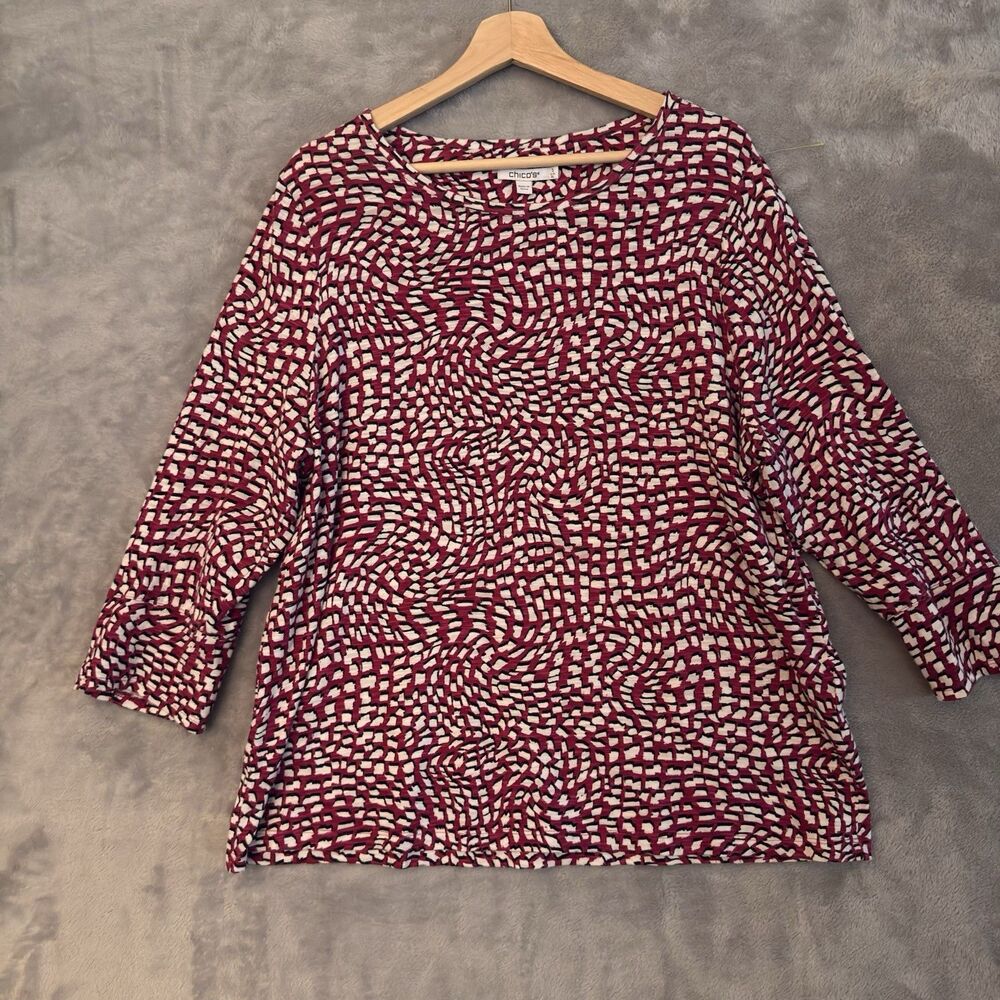 Chico's Top Womens Size 3 Pink Black Geometric Scoop Neck 3/4 Sleeve XLarge*